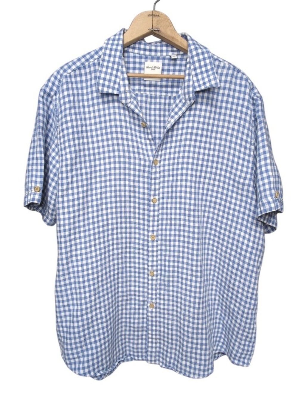 Baird McNutt Linen Short Sleeve Blue White Gingham Check Button Men's Size XL